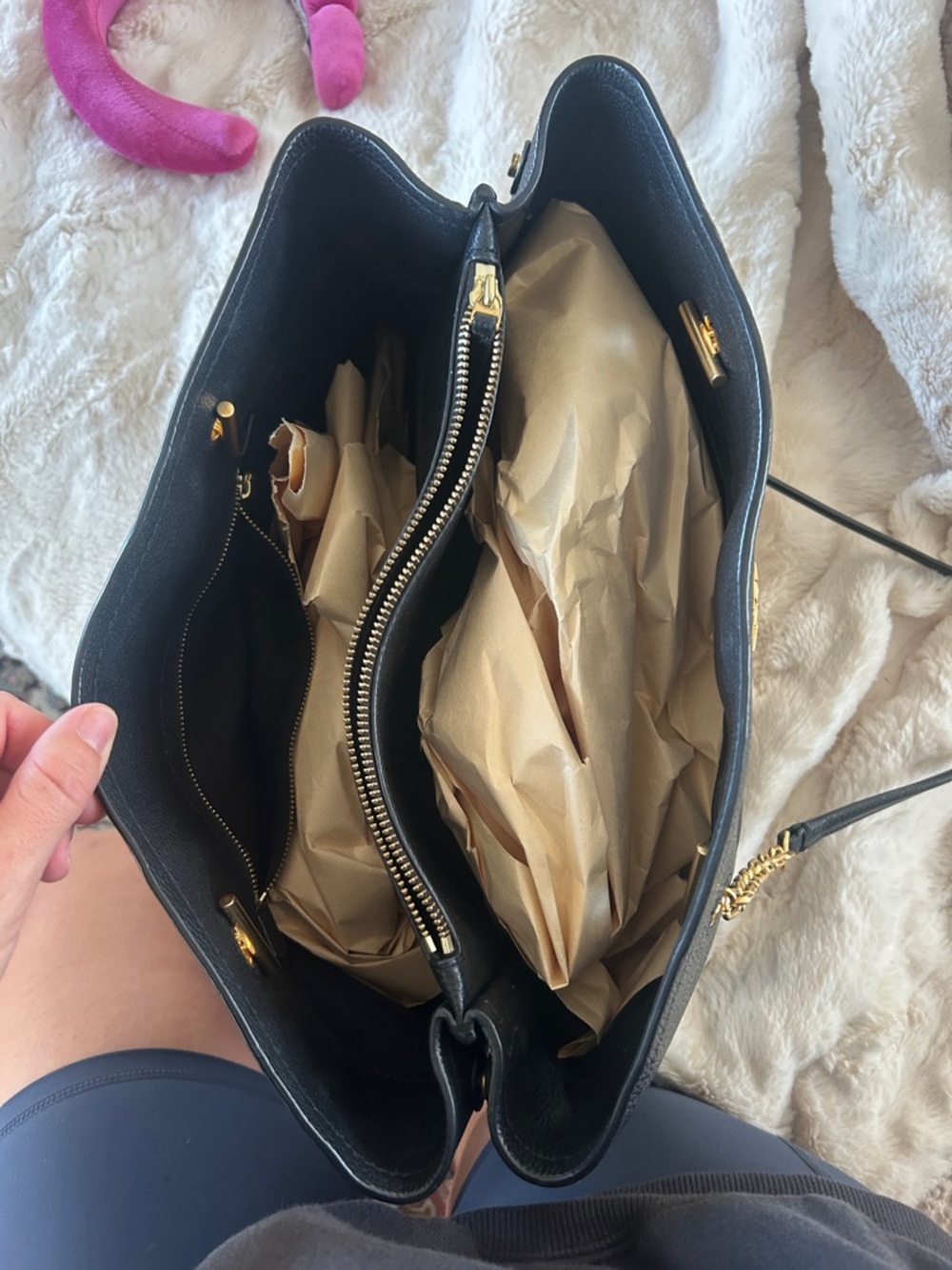 Tory Burch Black Pebbled Leather Tote with Gold Chain Hardware - Picture 3 of 5